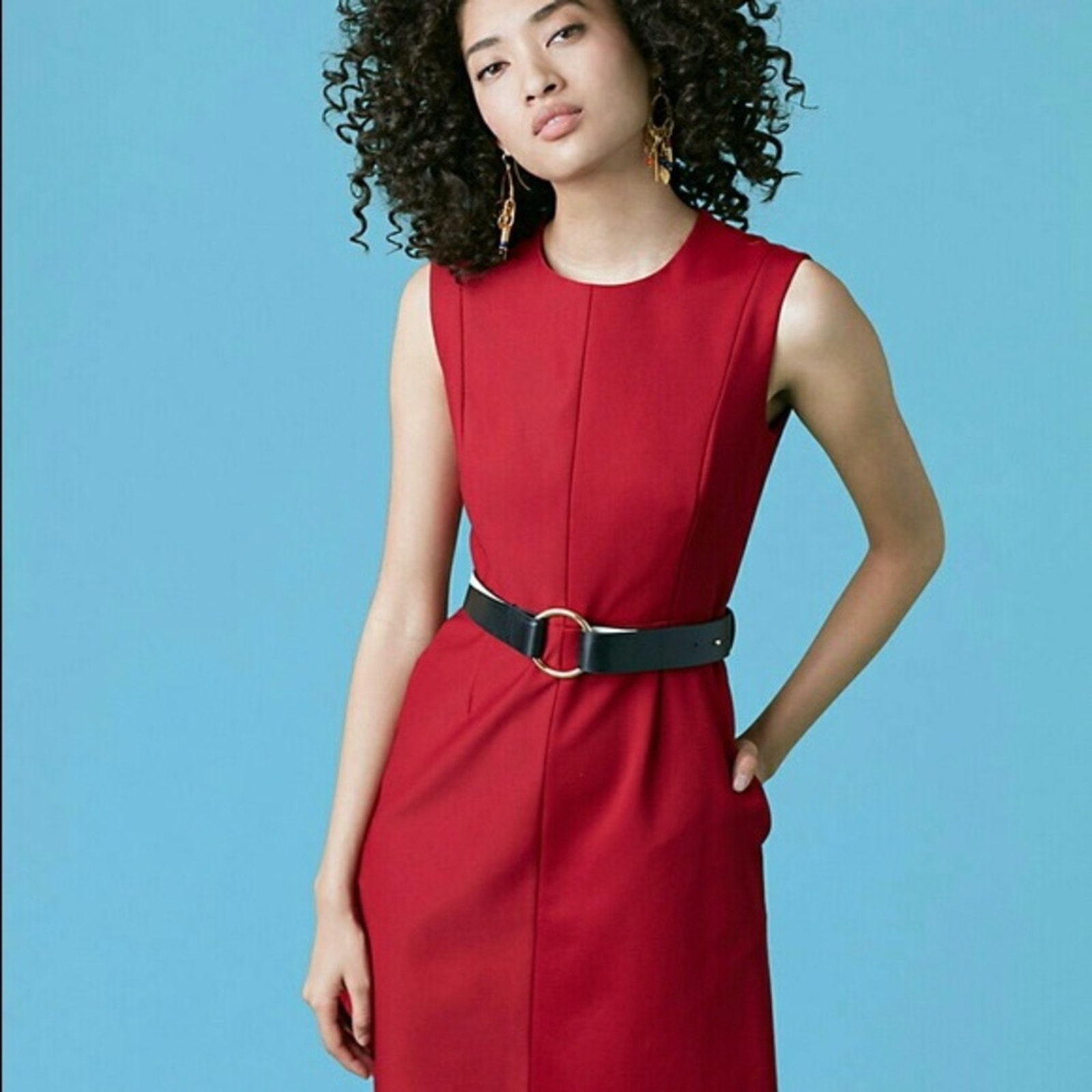 Diane Von Furstenberg Red Midi Sheath Dress With Black Belt